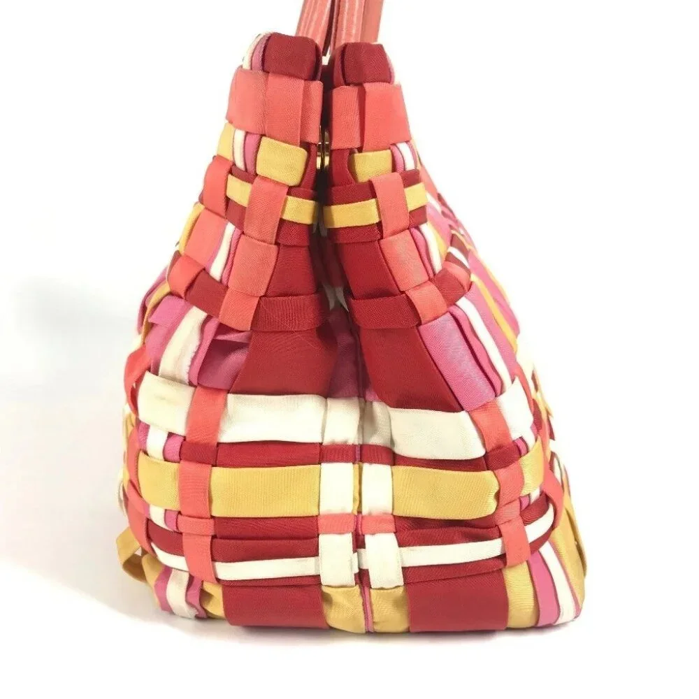 PRADA Braided Logo triangle logo plate Bag Tote Bag Hand Bag Nylon pink/White - Picture 3 of 14